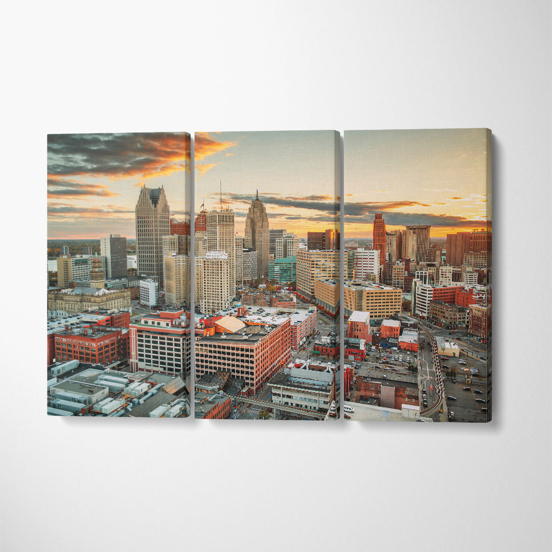 Detroit Michigan USA Downtown Skyline Canvas Print ArtLexy 3 Panels 36"x24" inches 