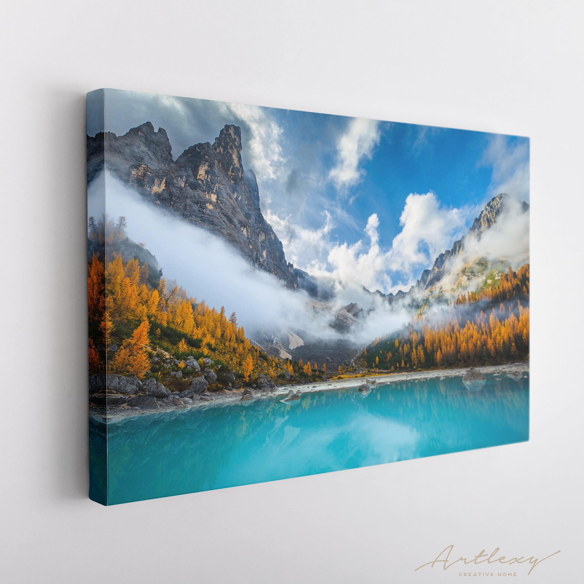 Misty Mountains with Lake Sorapis Dolomites Italy Canvas Print ArtLexy   