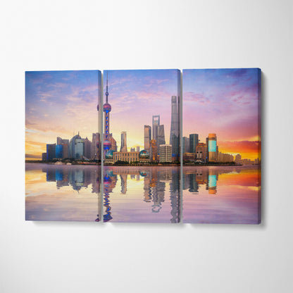 China Shanghai City Skyline at Dusk Canvas Print ArtLexy 3 Panels 36"x24" inches 