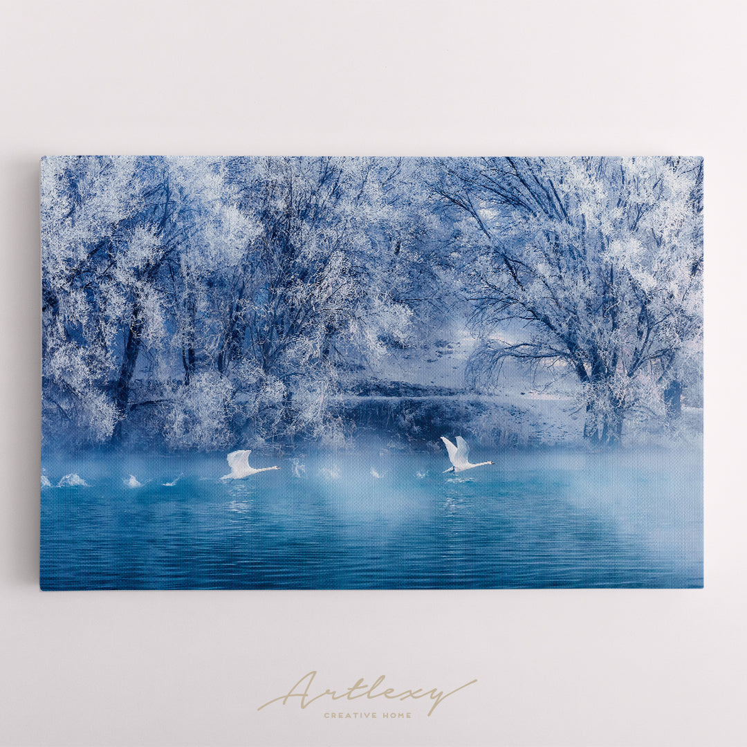 Beautiful Winter Landscape with Swans on Lake Canvas Print ArtLexy   