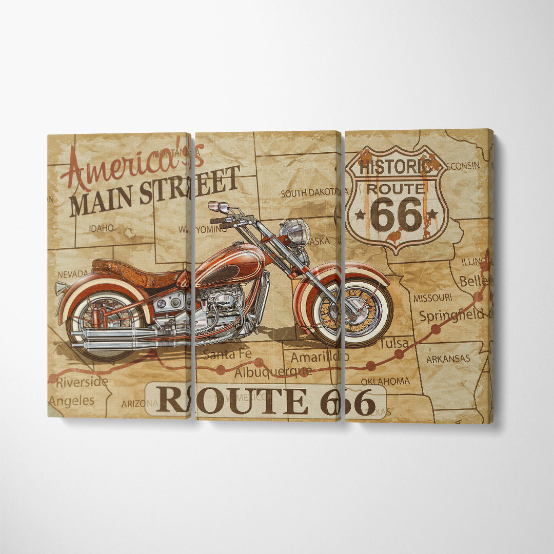 Vintage Motorcycle Route 66 Canvas Print ArtLexy 3 Panels 36"x24" inches 