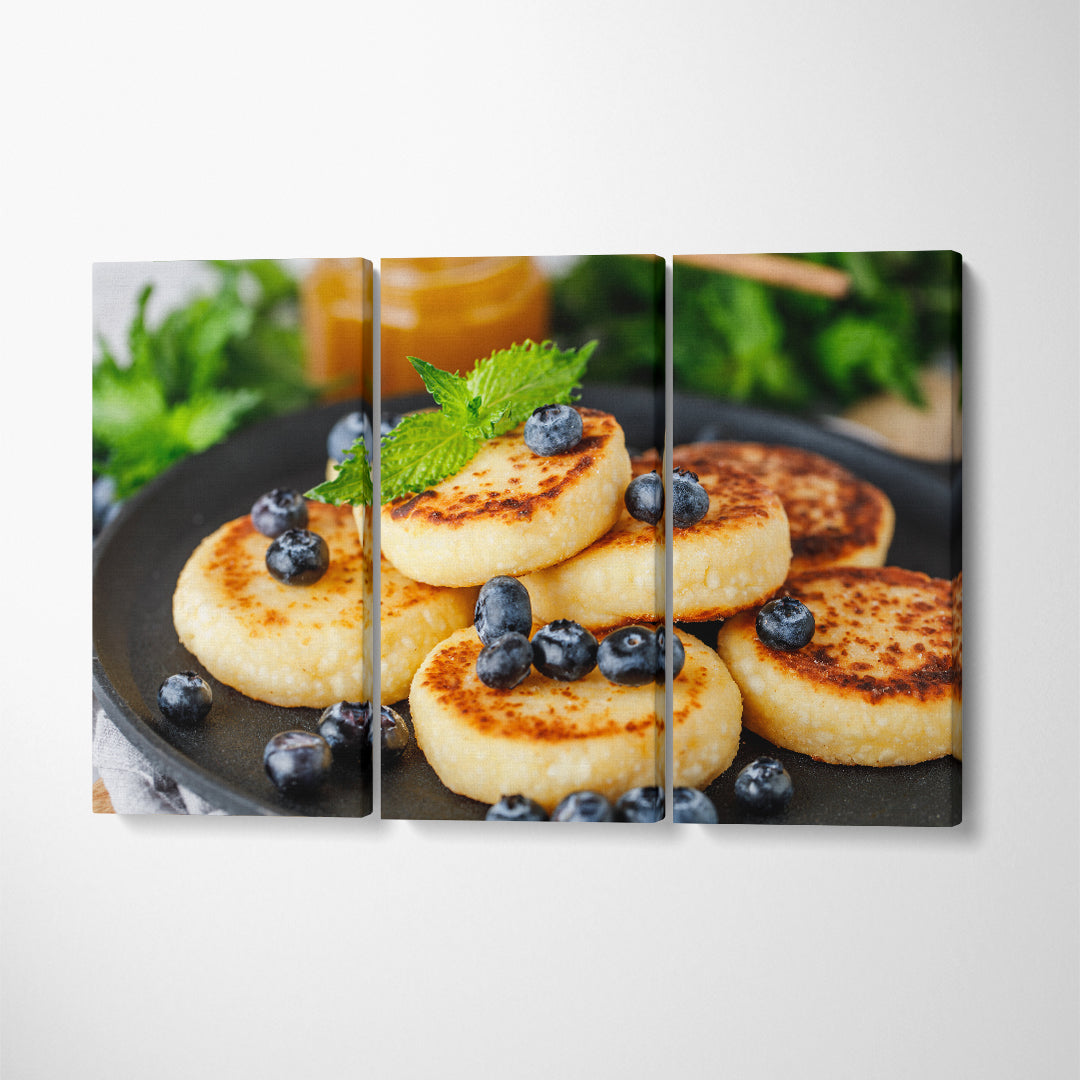 Cottage Cheese Pancakes with Blueberry Canvas Print ArtLexy 3 Panels 36"x24" inches 
