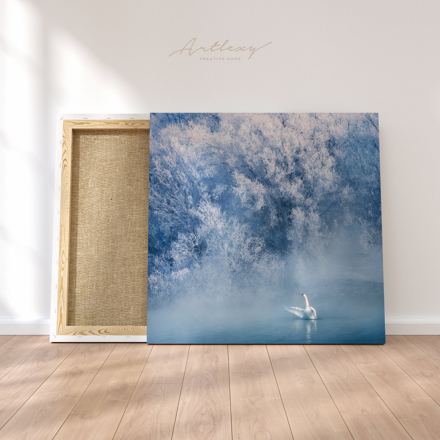 Winter Landscape with Swans on Lake Canvas Print ArtLexy   