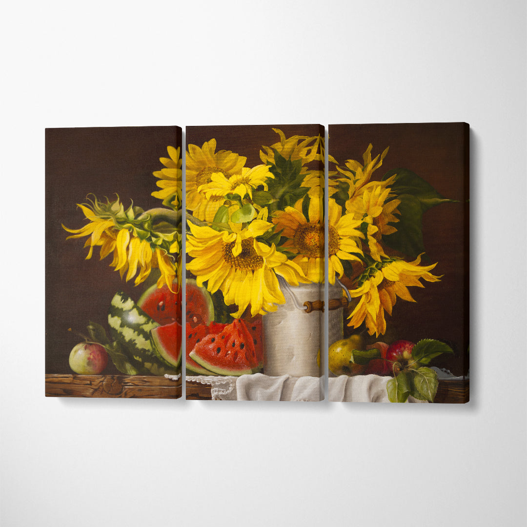 Still Life Sunflowers and Watermelon Canvas Print ArtLexy 3 Panels 36"x24" inches 