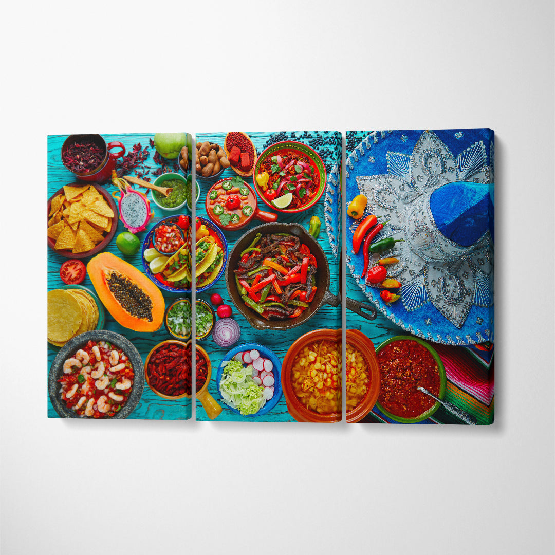 Mexican Food and Sombrero Canvas Print ArtLexy 3 Panels 36"x24" inches 