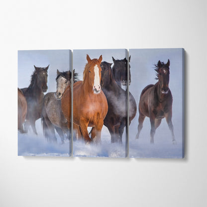 Horses Running in Snow Canvas Print ArtLexy 3 Panels 36"x24" inches 