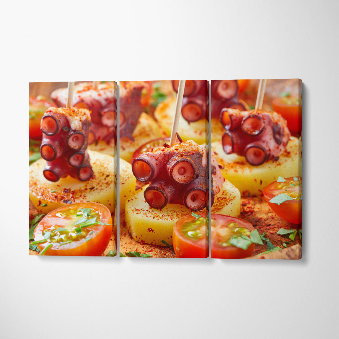 Spain Galician Octopus with Potatoes Canvas Print ArtLexy 3 Panels 36"x24" inches 