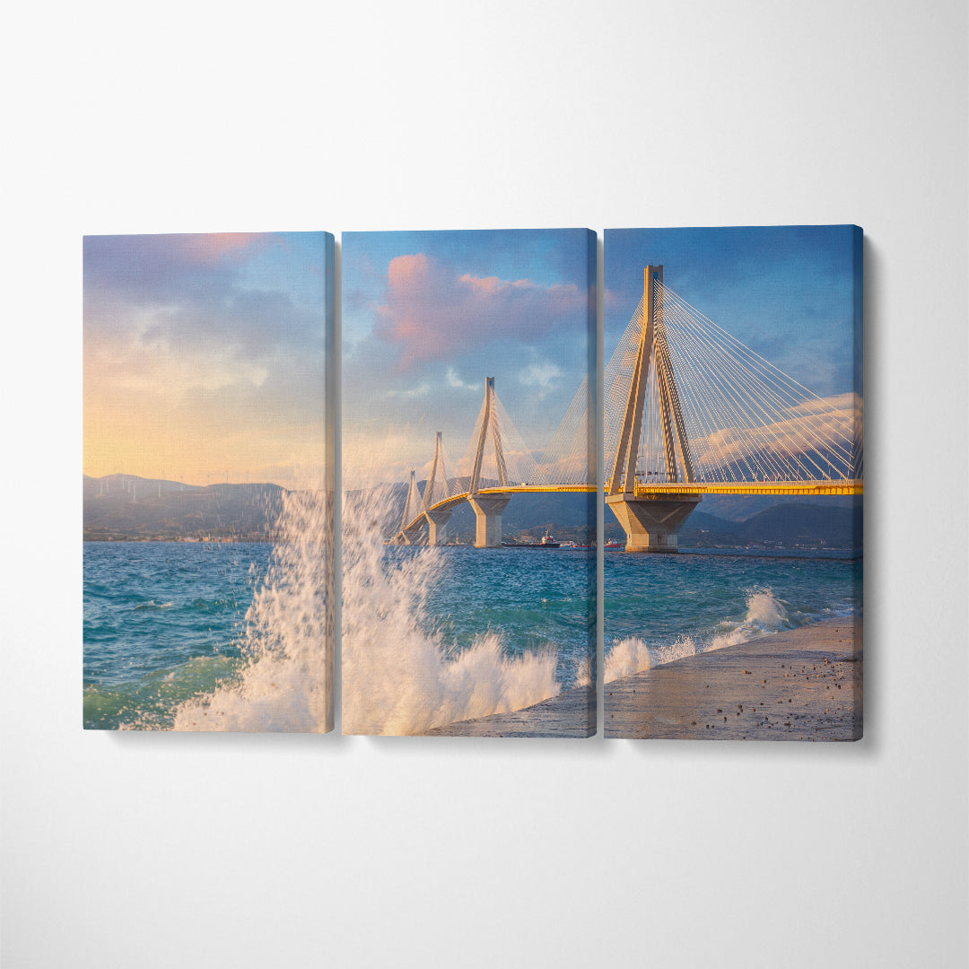 Rion-Antirion Bridge with Waves Splash Greece Canvas Print ArtLexy 3 Panels 36"x24" inches 