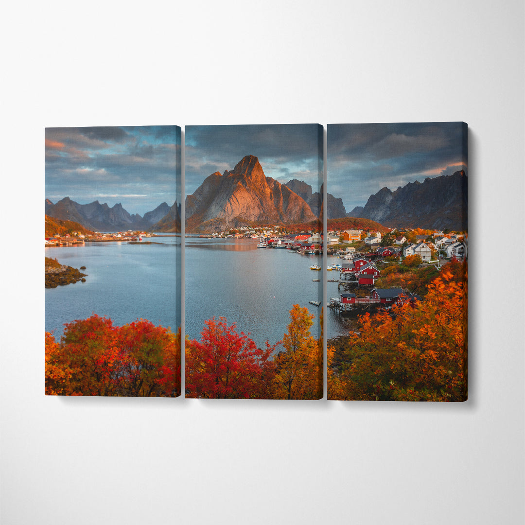 Lofoten in Autumn Norway Landscapes with Mountains Canvas Print ArtLexy 3 Panels 36"x24" inches 