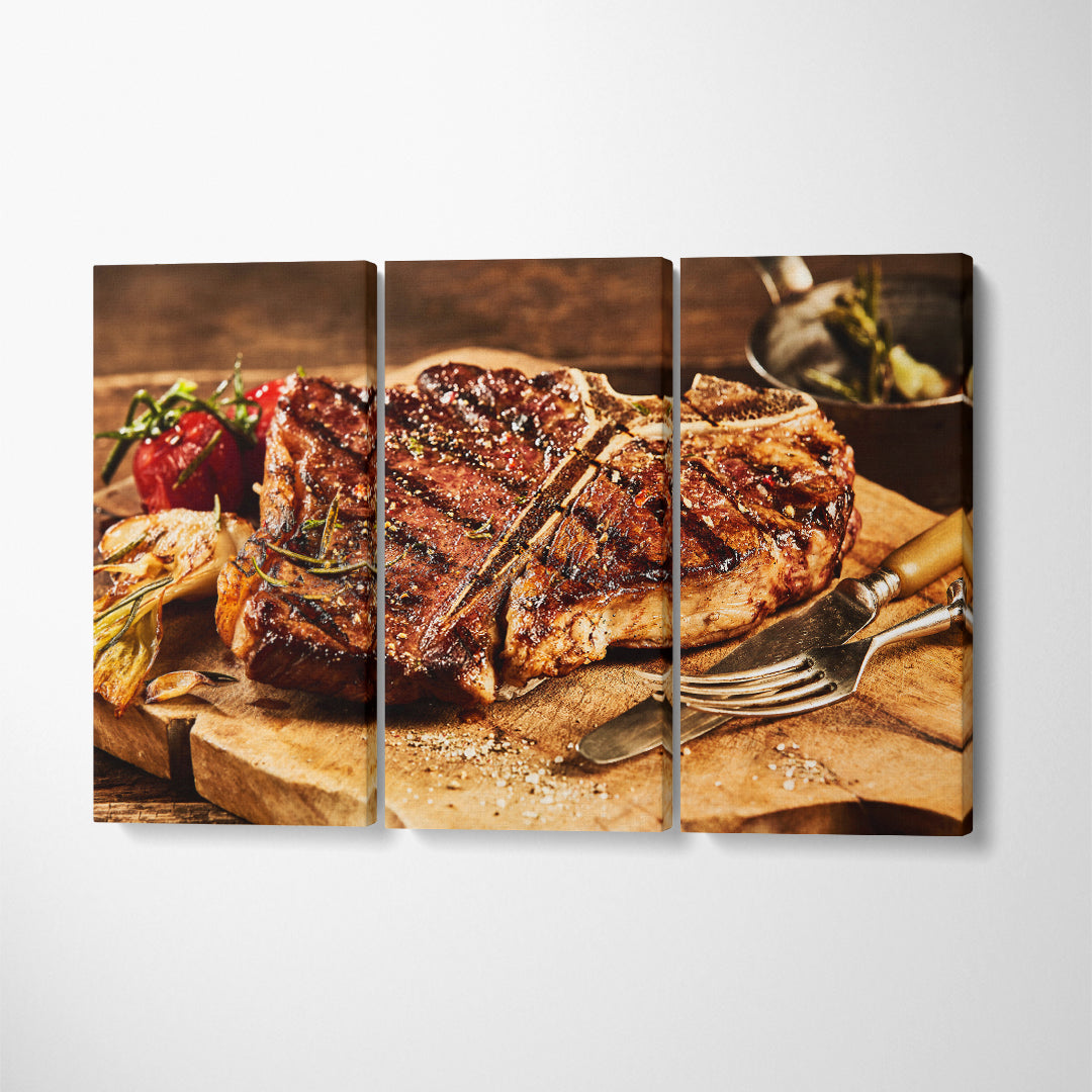 Succulent Grilled T-bone Steak Canvas Print ArtLexy 3 Panels 36"x24" inches 