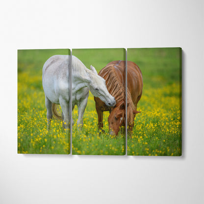 Horses on Flowers Field Canvas Print ArtLexy 3 Panels 36"x24" inches 