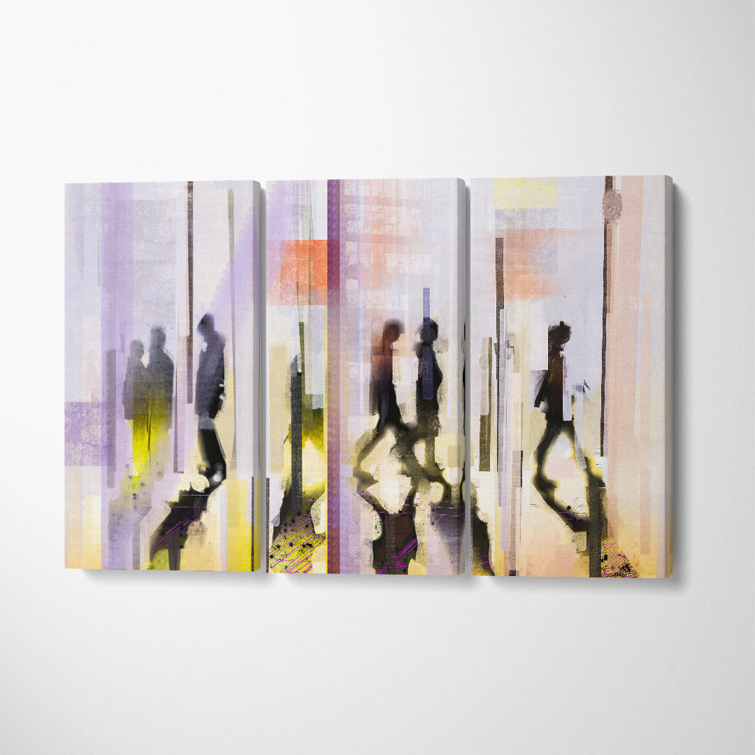 Abstract Colorful Urban Street with People Silhouettes Canvas Print ArtLexy 3 Panels 36"x24" inches 