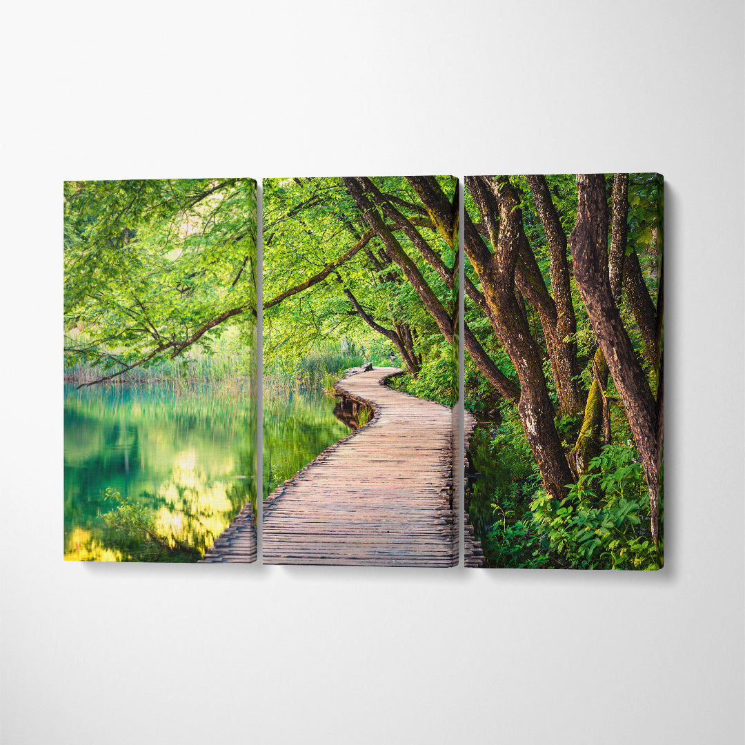 Wooden Bridge in Plitvice National Park Croatia Canvas Print ArtLexy 3 Panels 36"x24" inches 