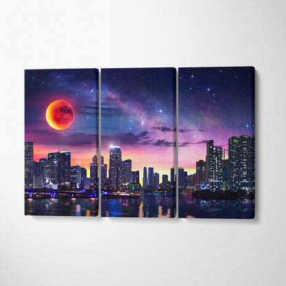 Fantasy Miami Landscape With Milky Way And Red Moon Canvas Print ArtLexy 3 Panels 36"x24" inches 