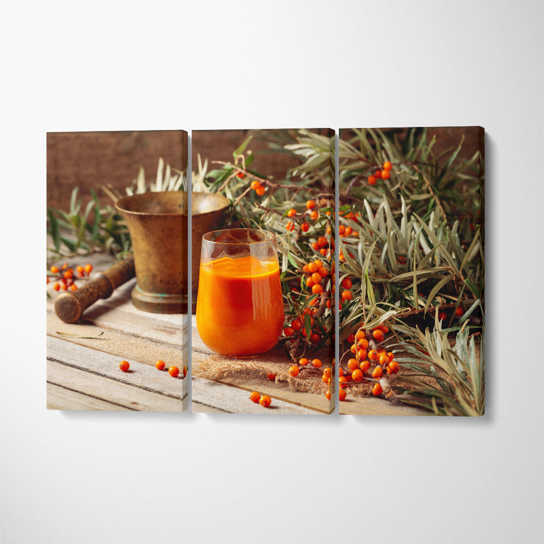 Glass of Sea Buckthorn Juice with Fresh Berries Canvas Print ArtLexy 3 Panels 36"x24" inches 
