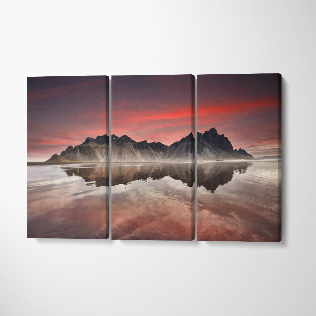 Stokksnes Mountains Reflected In Icelandic Water Canvas Print ArtLexy 3 Panels 36"x24" inches 