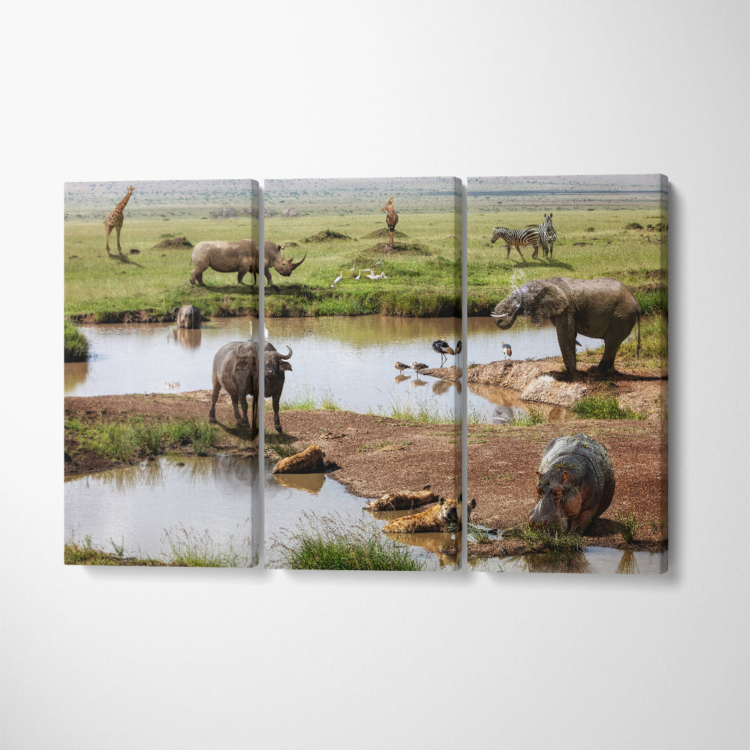Wild Animals Around Watering Hole Kenya Africa Canvas Print ArtLexy 3 Panels 36"x24" inches 