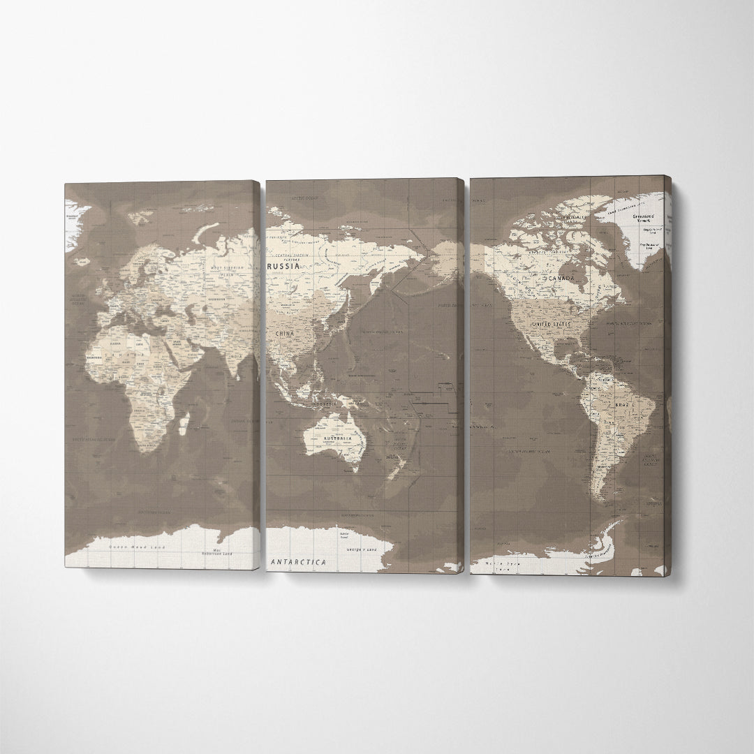 Political Topographic World Map Canvas Print ArtLexy 3 Panels 36"x24" inches 