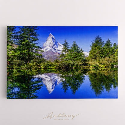 Matterhorn Mountain with Trees Reflection on Lake Switzerland Canvas Print ArtLexy   