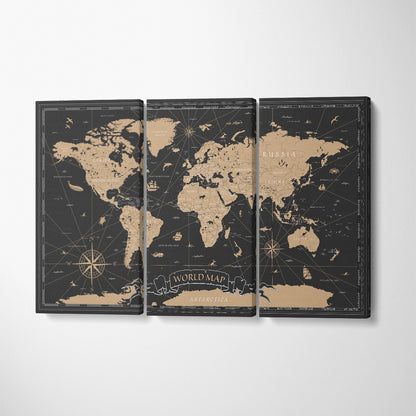 Black Vintage World Map Canvas Print ArtLexy 3 Panels 36"x24" inches 