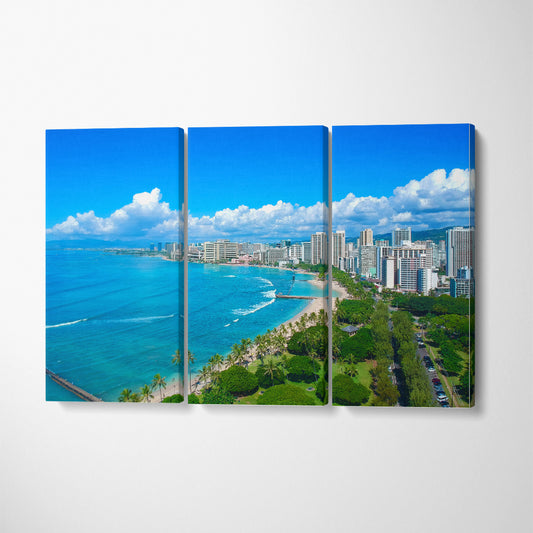 Waikiki Beach Honolulu Hawaii Canvas Print ArtLexy 3 Panels 36"x24" inches 