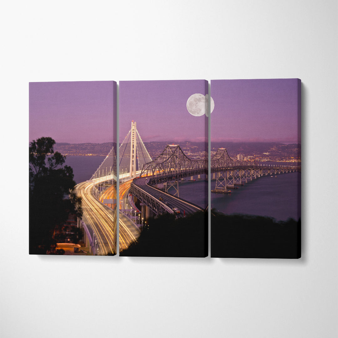 San Francisco New Bay Bridge at Night Canvas Print ArtLexy 3 Panels 36"x24" inches 