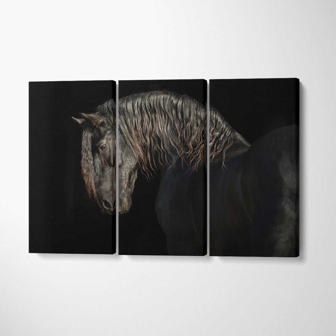 Black Friesian Horse Portrait Canvas Print ArtLexy 3 Panels 36"x24" inches 