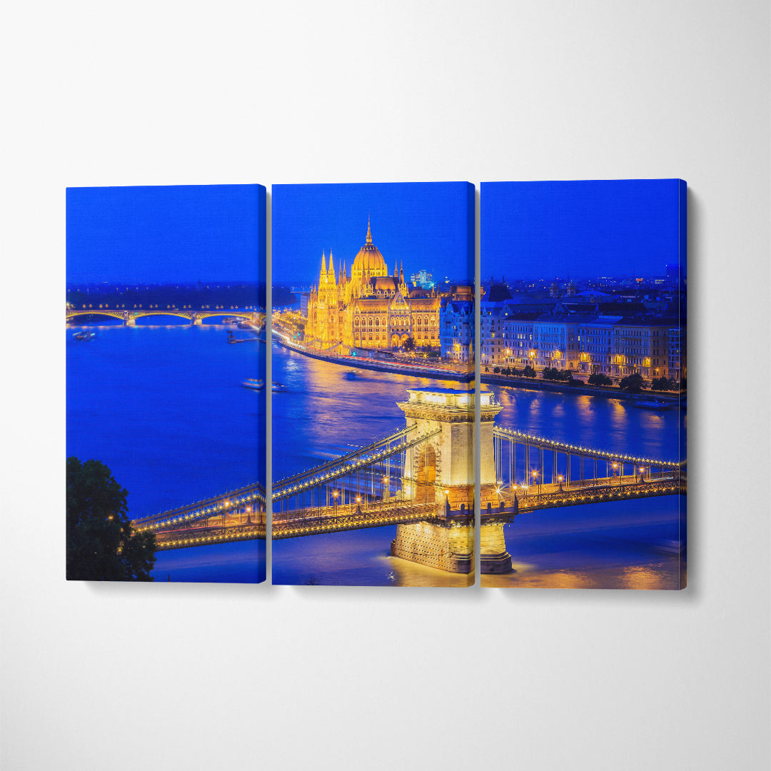 Budapest with Chain Bridge and the Parliament at Night Canvas Print ArtLexy 3 Panels 36"x24" inches 