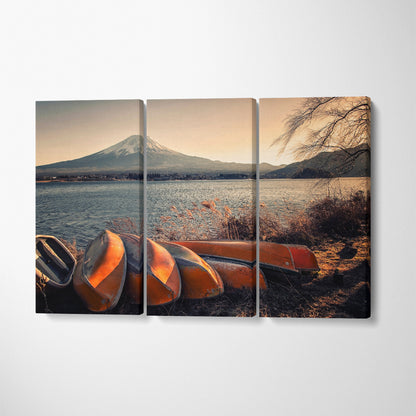 Mount Fuji and Kawaguchi Lake with Old Boats Japan Canvas Print ArtLexy 3 Panels 36"x24" inches 