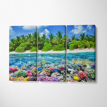 Tropical Thoddoo Island and Underwater World Maldives Canvas Print ArtLexy 3 Panels 36"x24" inches 