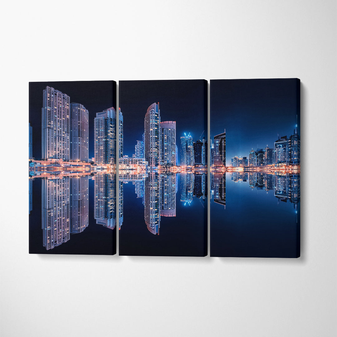 Night Dubai Marina Reflection Canvas Print ArtLexy 3 Panels 36"x24" inches 