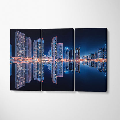Night Dubai Marina Reflection Canvas Print ArtLexy 3 Panels 36"x24" inches 
