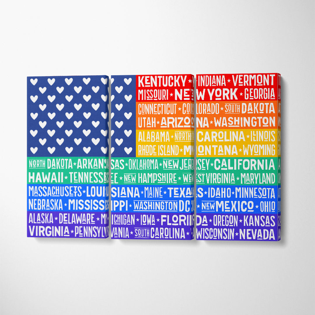 Rainbow United States of America Flag with States Canvas Print ArtLexy 3 Panels 36"x24" inches 