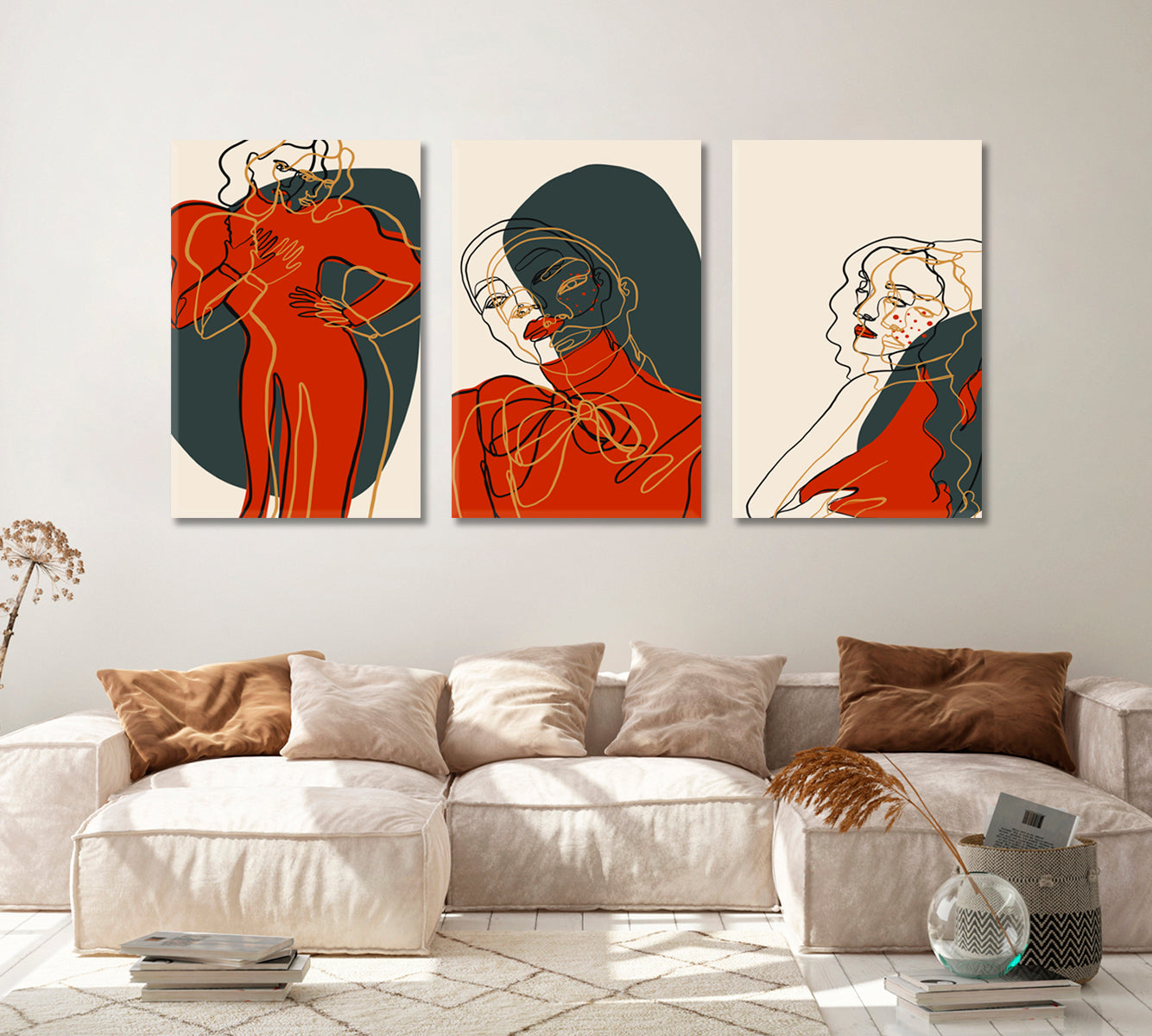 Set of 3 Abstract Line Woman Portrait in Red Dress Canvas Print ArtLexy 3 Panels 48”x24” inches 
