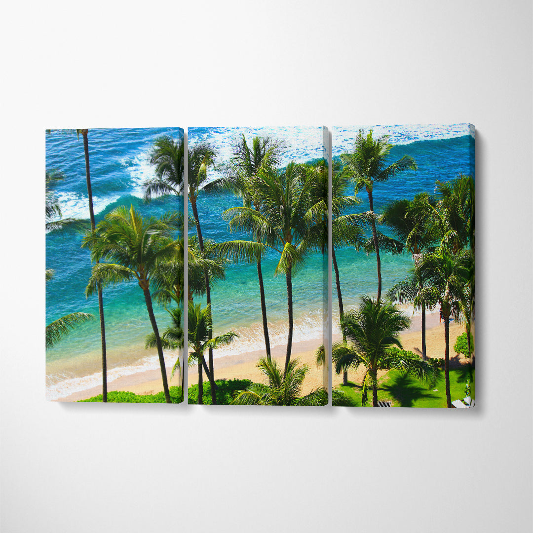 Hawaii Beach with Palm Trees Canvas Print ArtLexy 3 Panels 36"x24" inches 