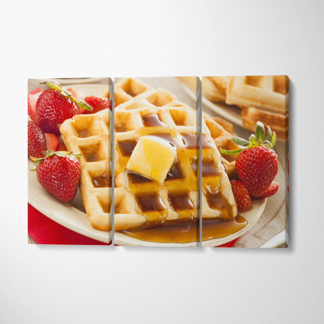 Belgian Waffles with Strawberries and Maple Syrup Canvas Print ArtLexy 3 Panels 36"x24" inches 