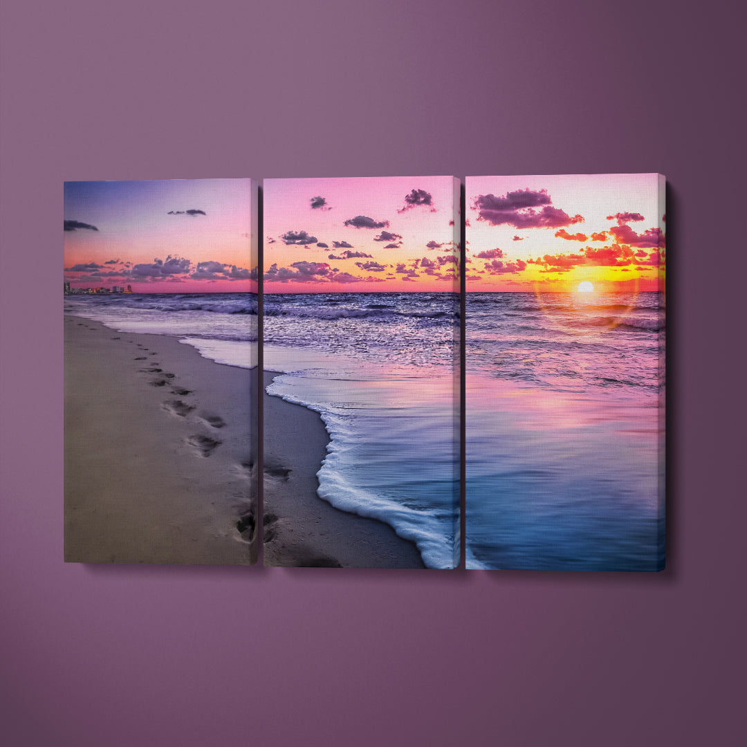 Cancun Coastline Beach at Sunset Mexico Canvas Print ArtLexy 3 Panels 36"x24" inches 
