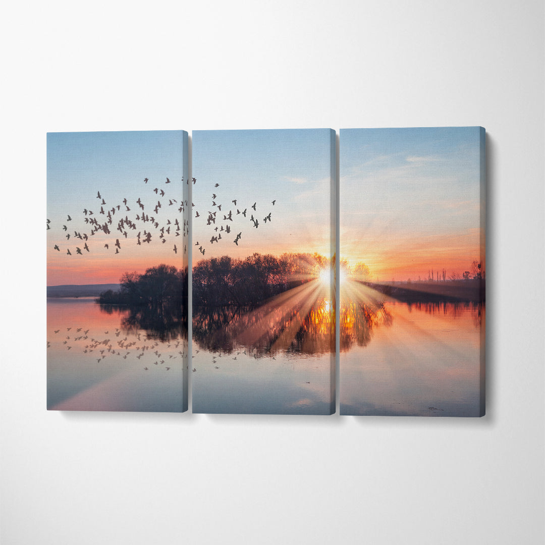 Flocks Birds Over Lake at Sunset Canvas Print ArtLexy 3 Panels 36"x24" inches 