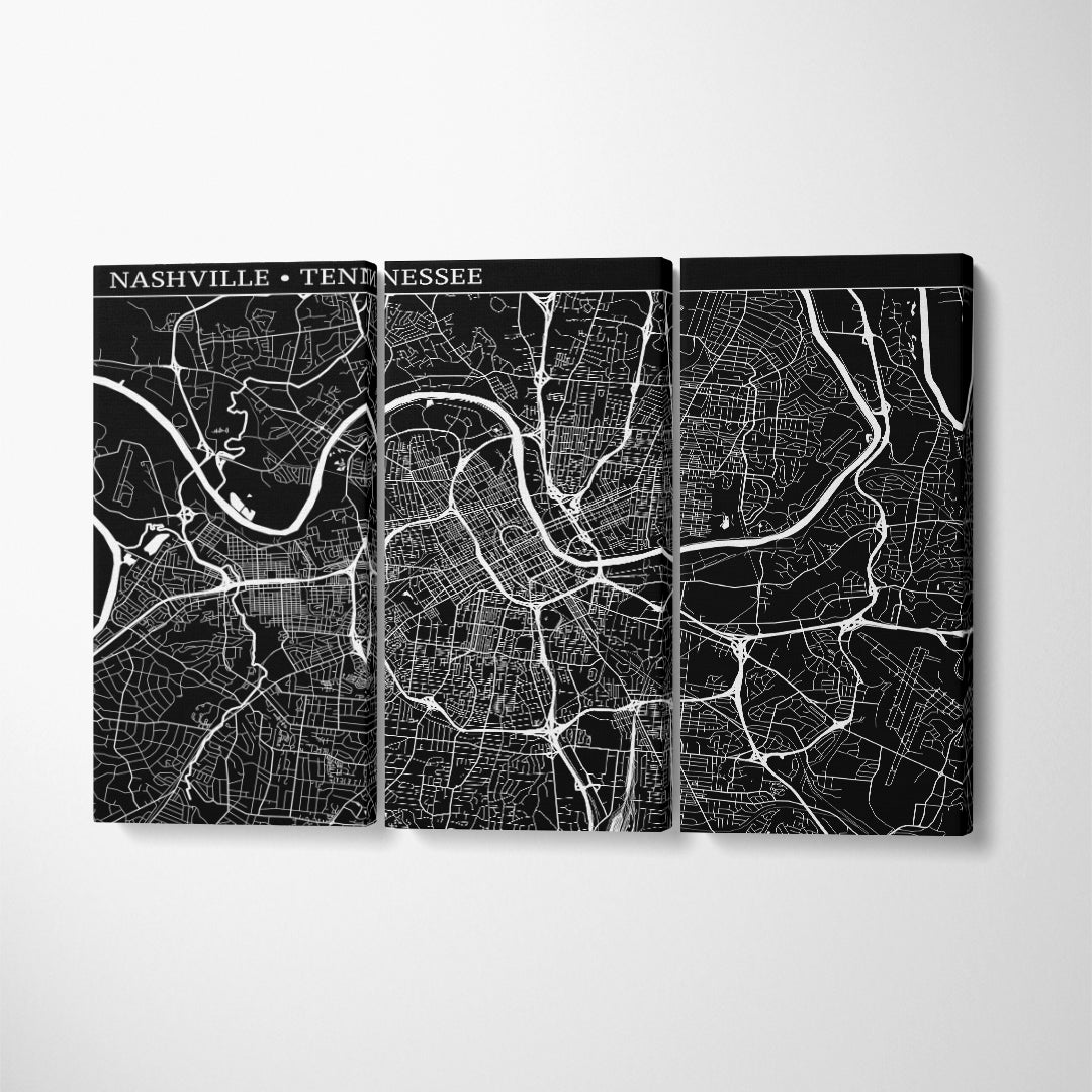 Abstract Map of Nashville Tennessee USA Canvas Print ArtLexy 3 Panels 36"x24" inches 