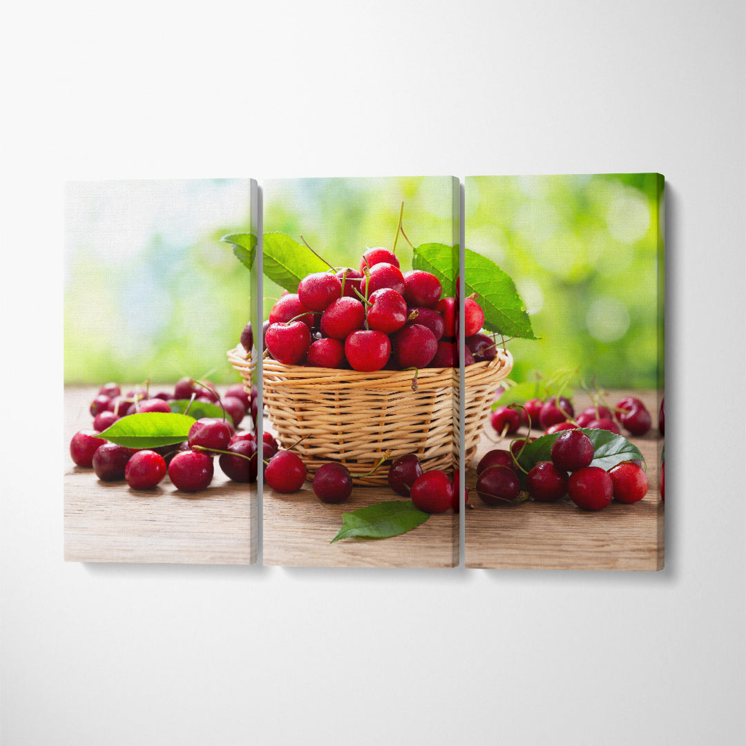 Fresh Ripe Cherries in Basket Canvas Print ArtLexy 3 Panels 36"x24" inches 
