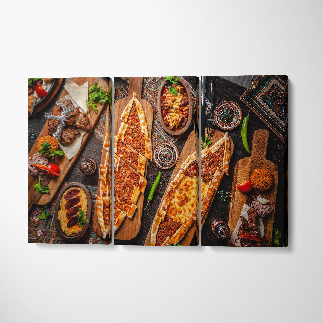 Traditional Turkish Cuisine Pizza Sucuk Hummus Kebab Canvas Print ArtLexy 3 Panels 36"x24" inches 