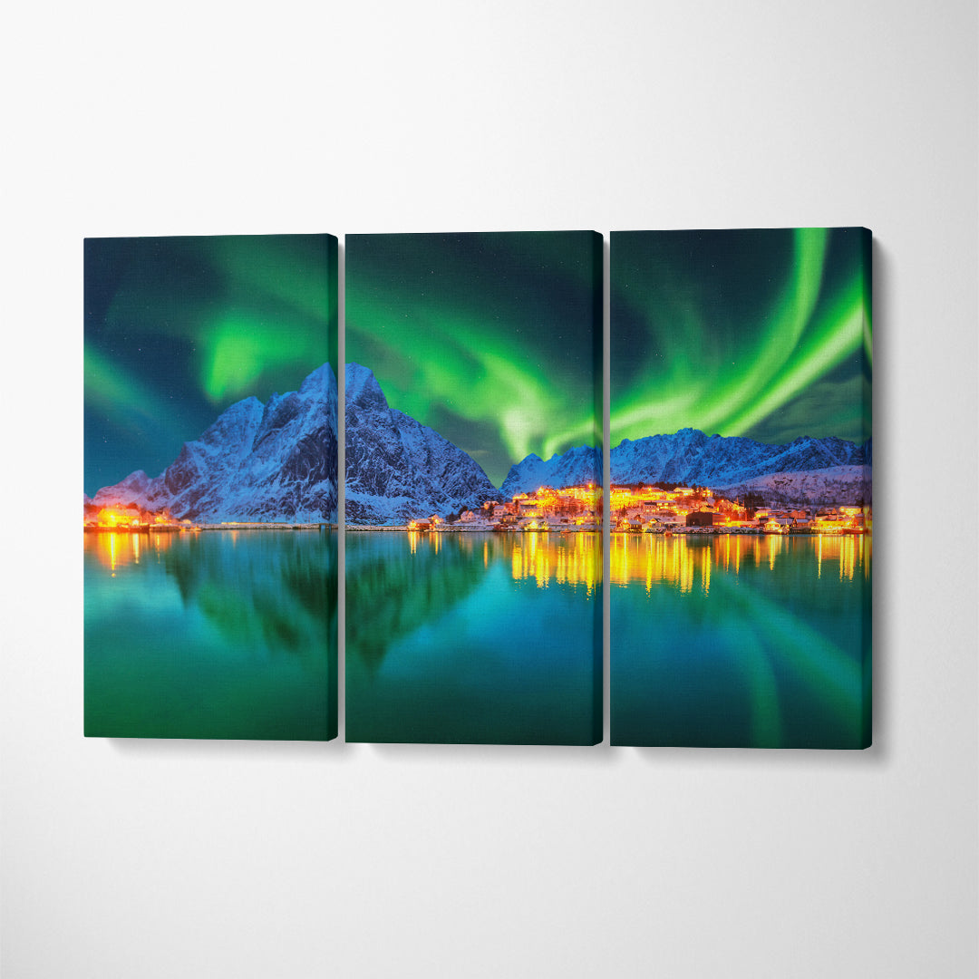 Aurora Borealis Landscape Lofotens Norway Canvas Print ArtLexy 3 Panels 36"x24" inches 