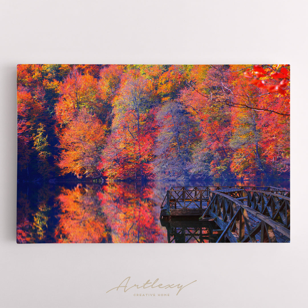 Autumn Landscape with Wooden Pier in Seven Lakes Yedigoller Park Bolu Turkey Canvas Print ArtLexy   