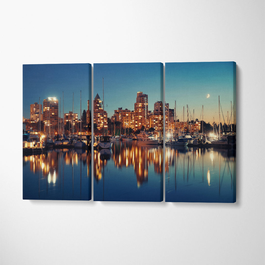 Boat Reflections at Dusk Vancouver Canvas Print ArtLexy 3 Panels 36"x24" inches 