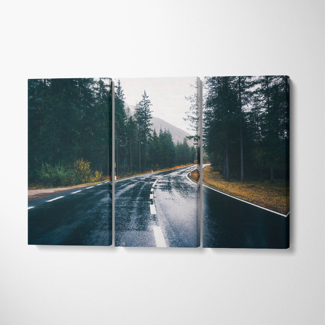 Forest Road in Rain Canvas Print ArtLexy 3 Panels 36"x24" inches 