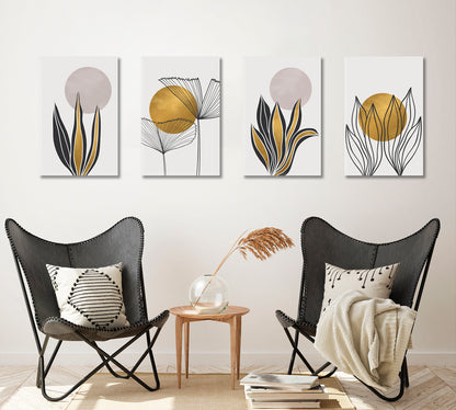 Set of 4 Vertical Abstract Golden Plant Leaves Canvas Print ArtLexy   