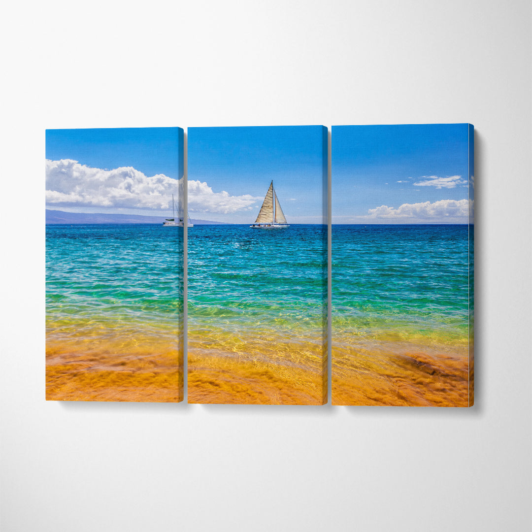Beautiful Beach with Clear Water and Sailboats Canvas Print ArtLexy 3 Panels 36"x24" inches 