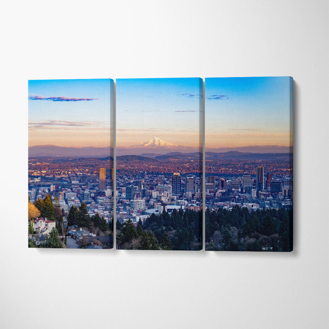 Portland Cityscape with Mount Hood Canvas Print ArtLexy 3 Panels 36"x24" inches 
