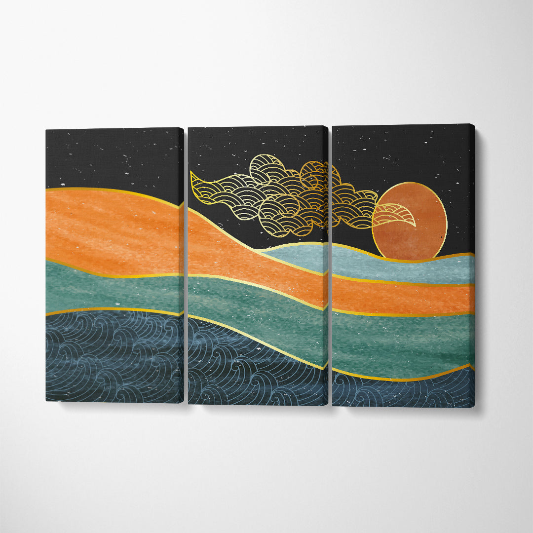 Geometric Japanese Mountain Landscape Canvas Print ArtLexy 3 Panels 36"x24" inches 