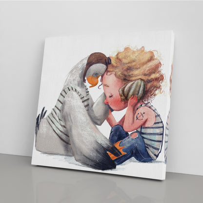 Gull with Cute Girl Listening Seashell Canvas Print ArtLexy   